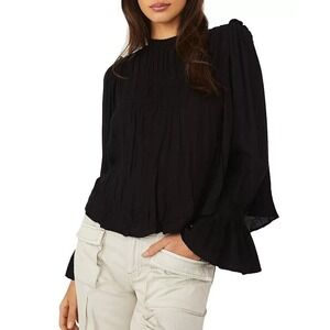 NWT Free People Kelsey Crinkle Pleated Bell Sleeve Tunic Top Womens Black Size M